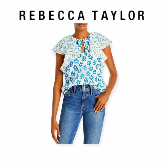 Rebecca Taylor Perla Ruffled Silk Blouse XS Snow Combo - Picture 1 of 16